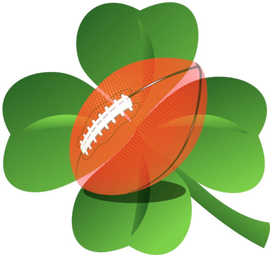 saint patrick's day blog post on read2write shows rugby ball on clover leaf image